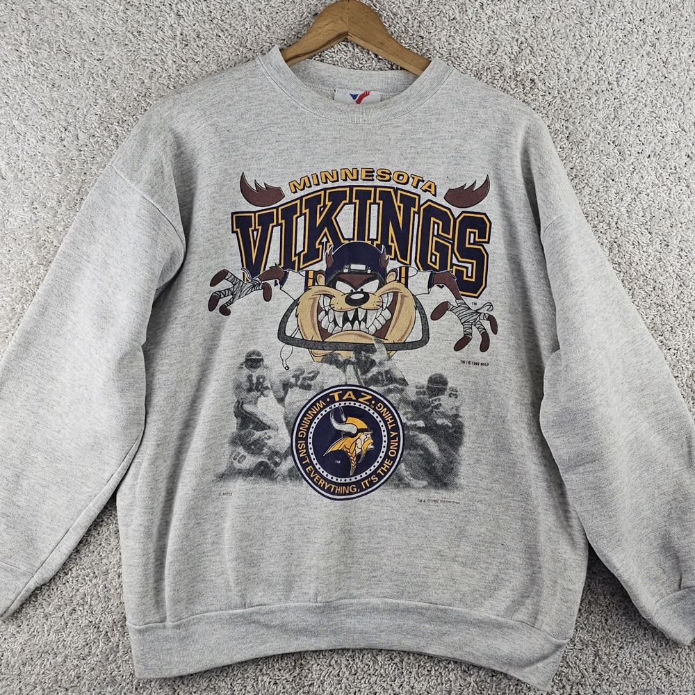 Vintage Artex Vikings Taz Tasmanian Devil Sweatshirt Sz L 90s Made USA Warner